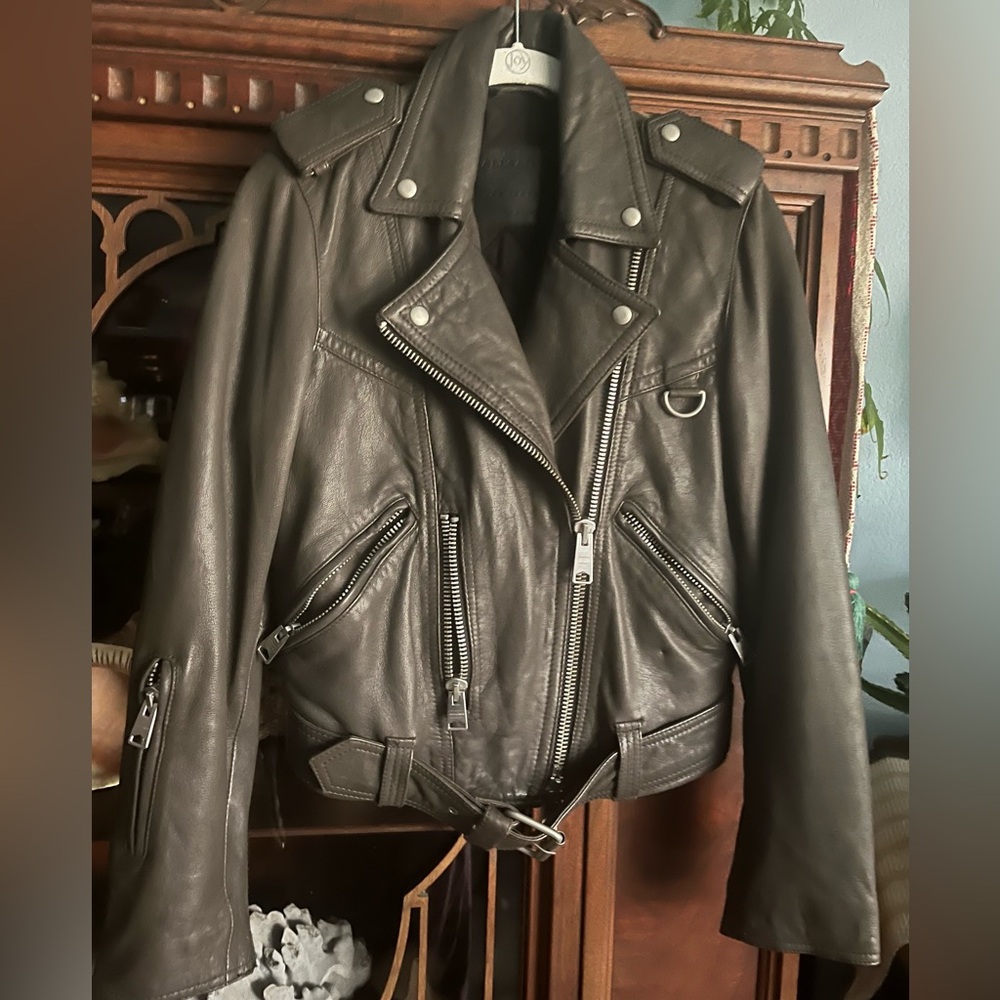 Women’s All Saints Gidley Gray-Brown Biker Moto Leather Jacket